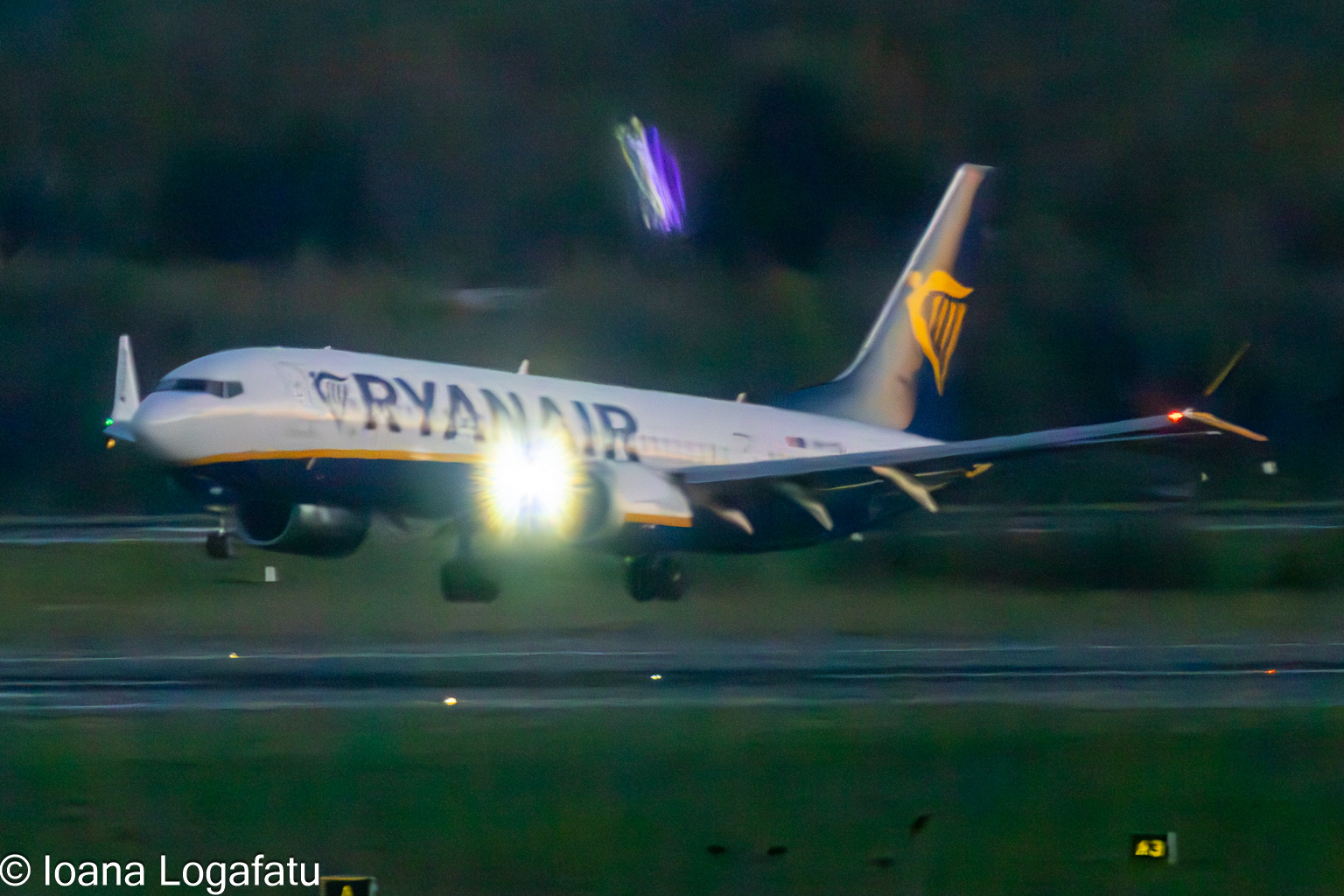 Twilight landing with bright lights